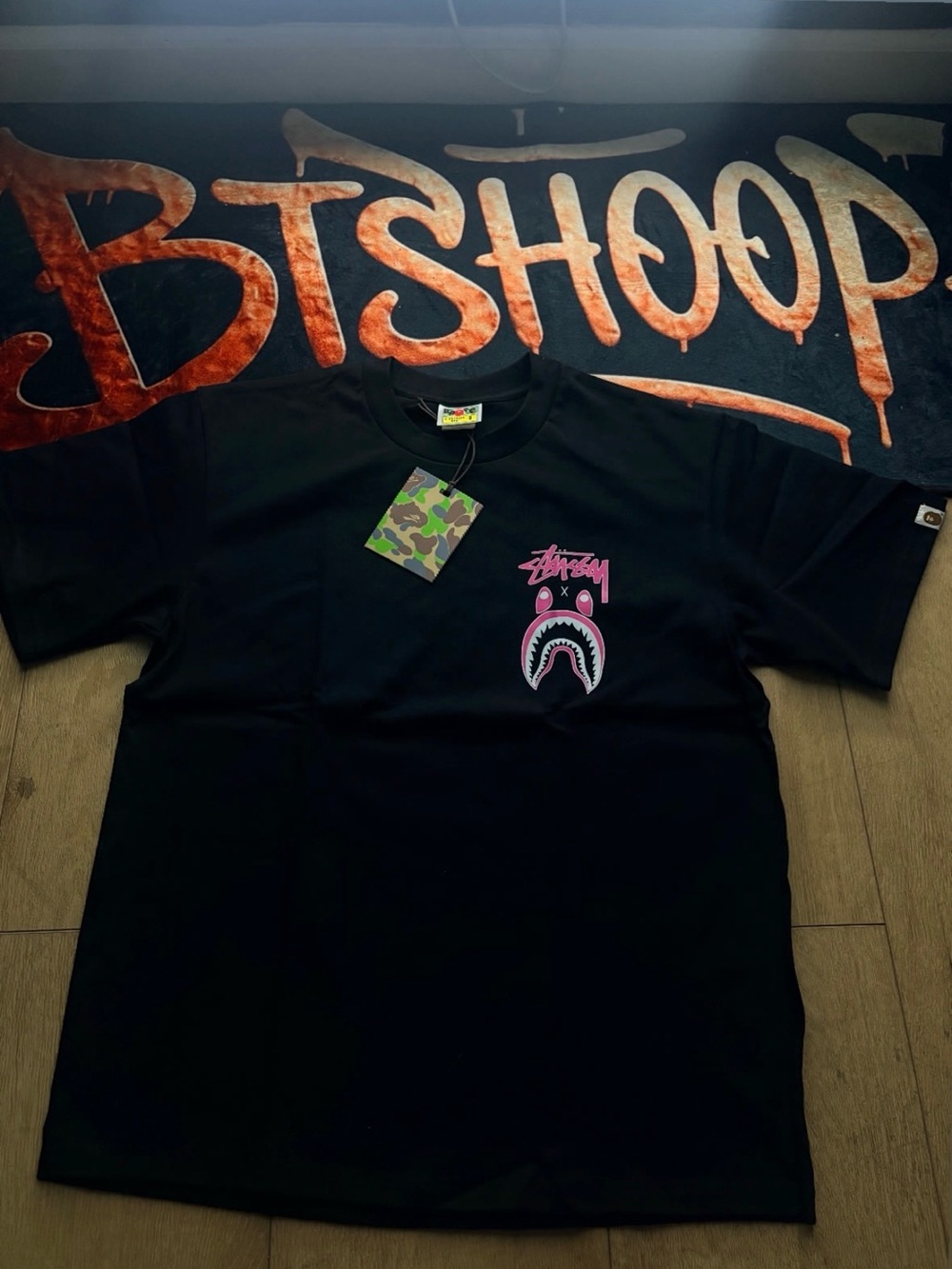Bape Black Short Sleeve Tee with Pink Shark Chest Graphic
